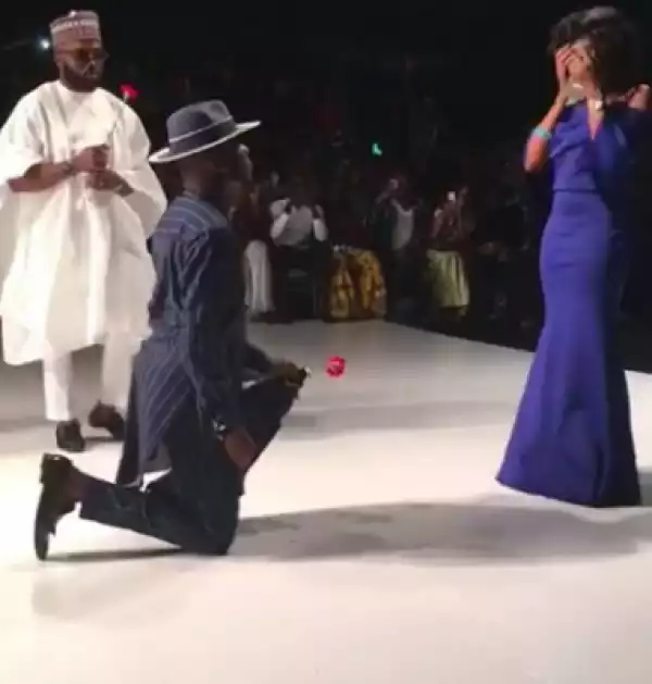 Fashion designer, Johnson Iyaye Rotimi, proposes to his girlfriend at the Lagos Fashion week